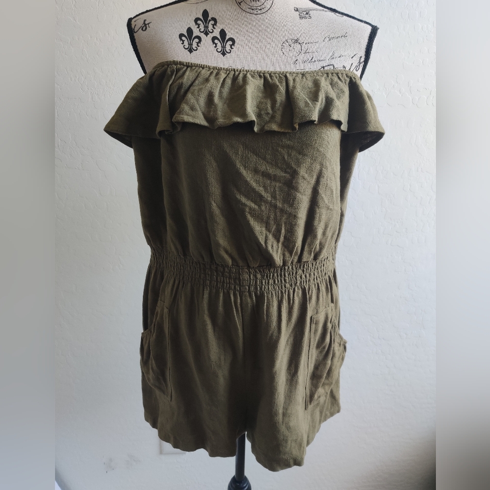 🆕 Gil's Olive Green Off the shoulder Linen-cotton blend Romper w pockets_Large